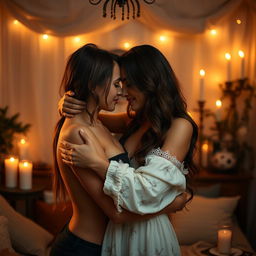 A sensual and intimate scene featuring two beautiful adults embracing each other in a romantic setting, surrounded by soft lighting and an inviting atmosphere