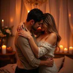 A sensual and intimate scene featuring two beautiful adults embracing each other in a romantic setting, surrounded by soft lighting and an inviting atmosphere