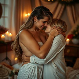 A sensual and intimate scene featuring two beautiful adults embracing each other in a romantic setting, surrounded by soft lighting and an inviting atmosphere