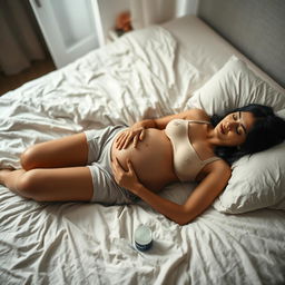 A pregnant Indian lady, comfortably dressed in shorts and a bare chest, is lying on a softly made bed