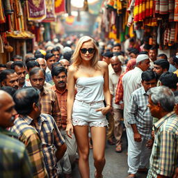 A lively and dynamic scene set in a bustling Indian market, featuring a confident white female dressed in stylish short clothes