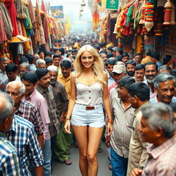 A lively and dynamic scene set in a bustling Indian market, featuring a confident white female dressed in stylish short clothes