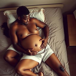 A pregnant Indian lady, comfortably dressed in shorts and displaying a bare chest, is lying on a softly made bed while being gently hugged by an African man, who is also in shorts and bare chest