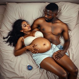 A pregnant Indian lady, comfortably dressed in shorts and displaying a bare chest, is lying on a softly made bed while being gently hugged by an African man, who is also in shorts and bare chest