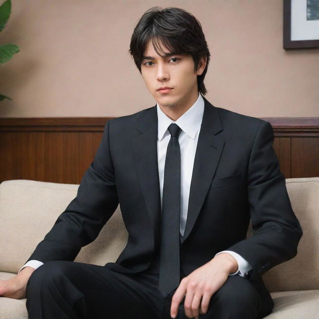 Anime style highly masculine character with short mullet hair, powerfully built, wearing a black suit, seated casually on a couch.