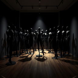 A detailed cinematic style image of a room filled with black mannequins