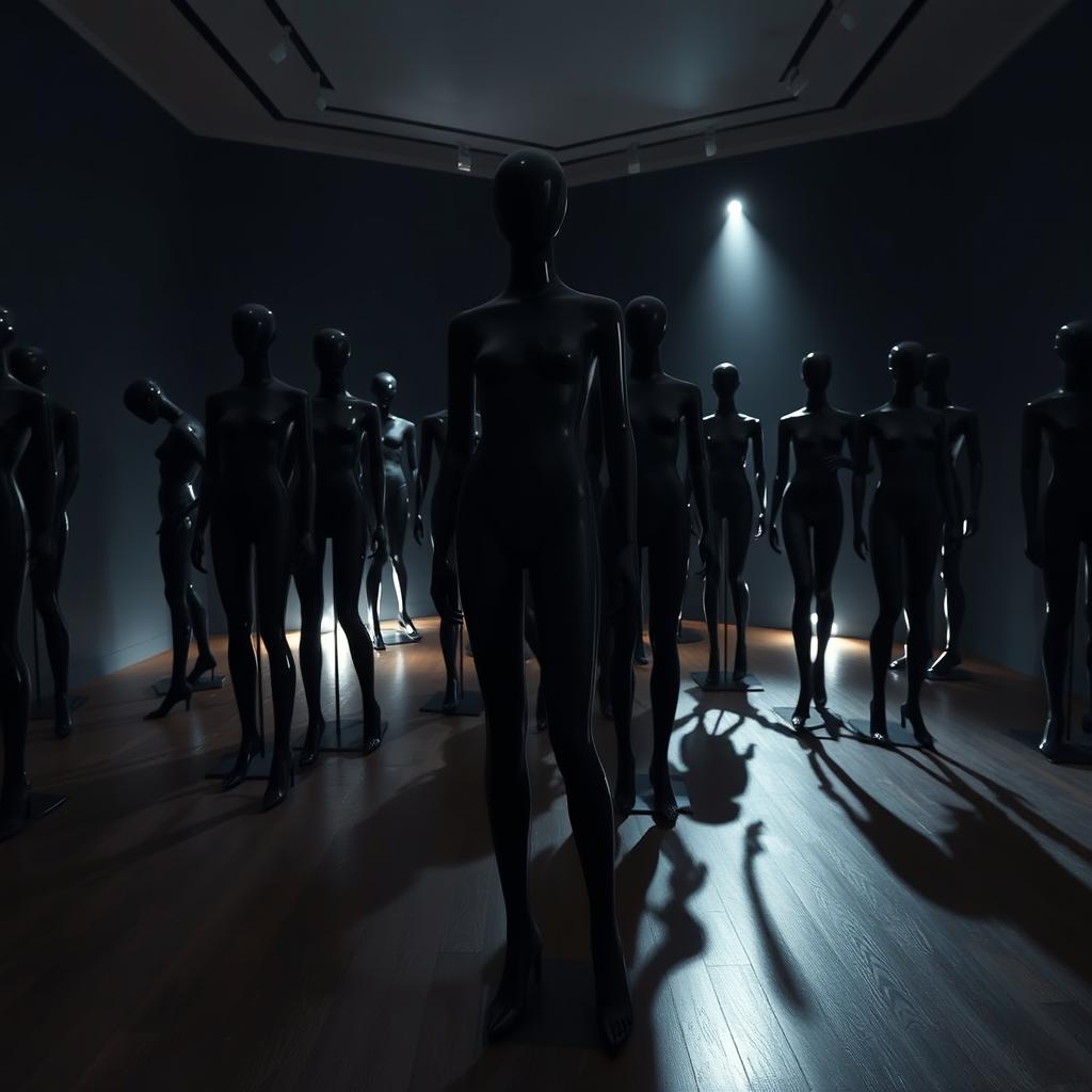 A detailed cinematic style image of a room filled with black mannequins