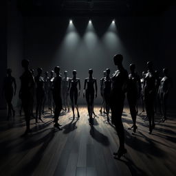 A detailed cinematic style image of a room filled with black mannequins