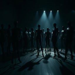 A detailed cinematic style image of a room filled with black mannequins