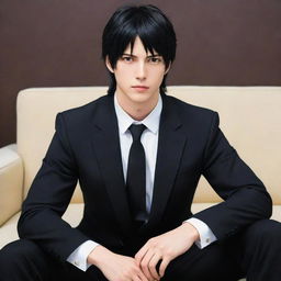 Anime style highly masculine character with short mullet hair, powerfully built, wearing a black suit, seated casually on a couch.