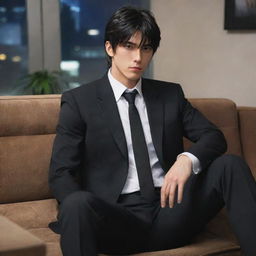 Anime style highly masculine character with short mullet hair, powerfully built, wearing a black suit, seated casually on a couch.