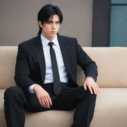 Anime style oversized masculine character with short mullet hair, wearing a black suit, sitting on a couch. Depict his large physique prominently.