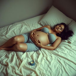 A pregnant Indian lady, comfortably dressed in shorts and a bare chest, is lying on a softly made bed