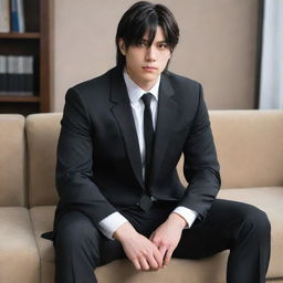 Anime style oversized masculine character with short mullet hair, wearing a black suit, sitting on a couch. Depict his large physique prominently.