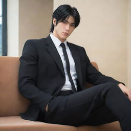 Anime style oversized masculine character with short mullet hair, wearing a black suit, sitting on a couch. Depict his large physique prominently.