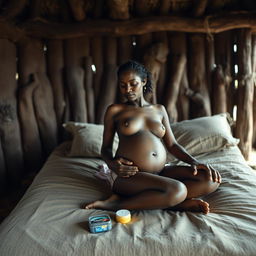 A pregnant Indian lady, dressed in shorts and with a bare chest, is reclining on a bed situated in an African hut, surrounded by rustic wooden beams and natural textures