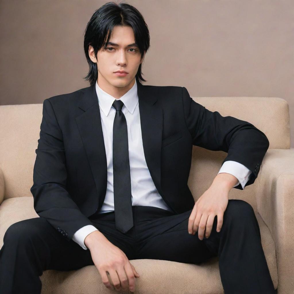 Anime style oversized masculine character with short mullet hair, wearing a black suit, sitting on a couch. Depict his large physique prominently.