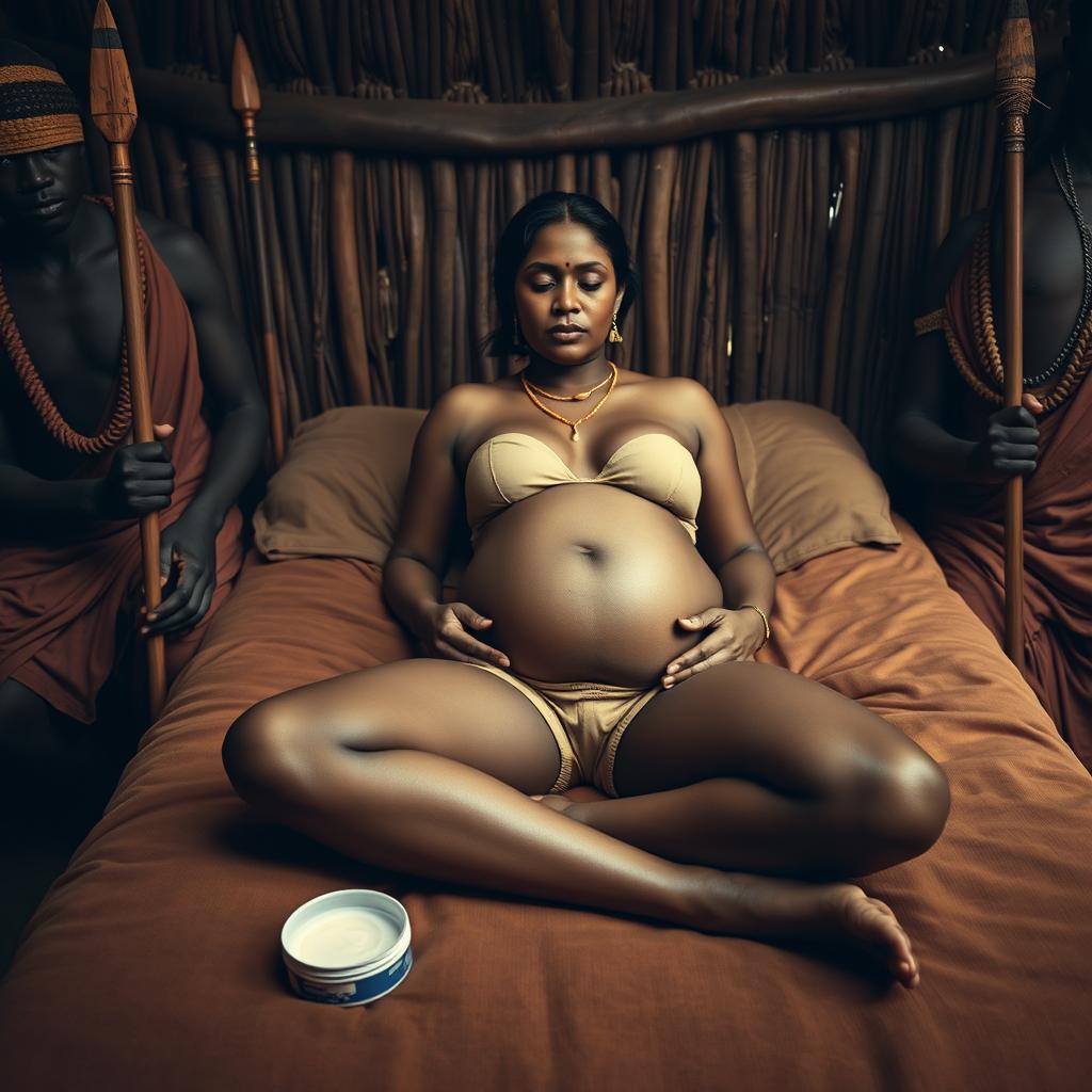 A pregnant Indian lady, dressed in shorts and with a bare chest, is reclining on a bed in an African hut