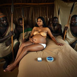 A pregnant Indian lady, dressed in shorts and with a bare chest, is reclining on a bed in an African hut