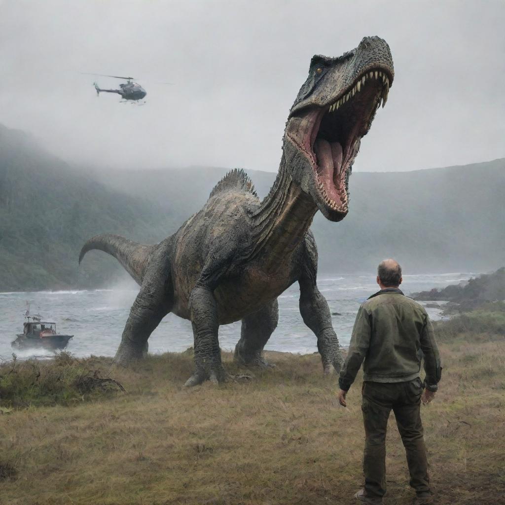 Highlight the sudden arrival of a daunting Spinosaurus dwarfing the shocked Dr. Alan Grant, who has just emerged from the helicopter's wreckage on Isla Sorna. The image embodies the raw danger and unpredictability of this new chapter.