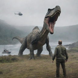 Highlight the sudden arrival of a daunting Spinosaurus dwarfing the shocked Dr. Alan Grant, who has just emerged from the helicopter's wreckage on Isla Sorna. The image embodies the raw danger and unpredictability of this new chapter.