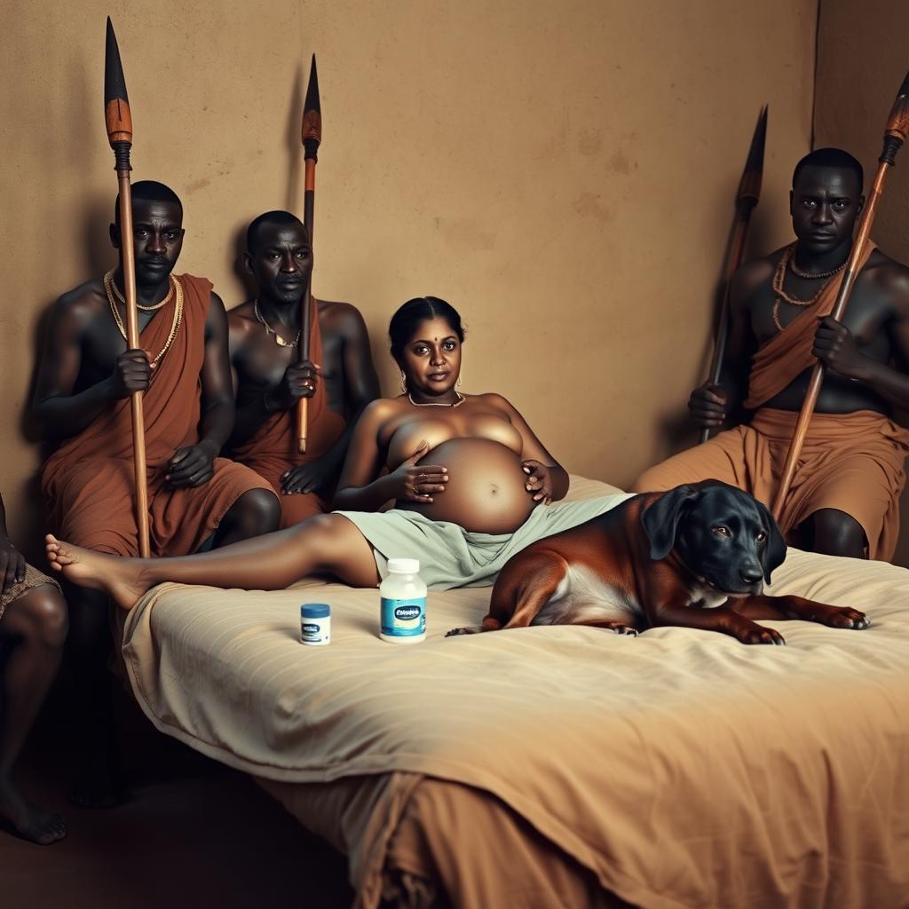 A pregnant Indian lady, dressed in shorts and with a bare chest, is reclining on a bed in an African hut