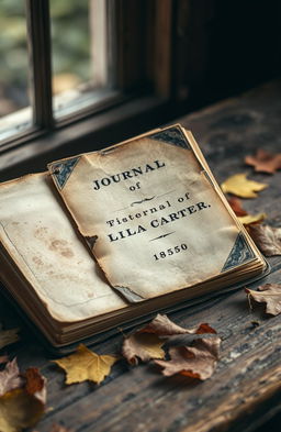 An old, decaying journal from the year 1850, titled 'Journal of Lila Carter'