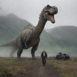 Highlight the sudden arrival of a daunting Spinosaurus dwarfing the shocked Dr. Alan Grant, who has just emerged from the helicopter's wreckage on Isla Sorna. The image embodies the raw danger and unpredictability of this new chapter.