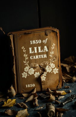 An old, rotting journal from the year 1850, titled 'Journal of Lila Carter'