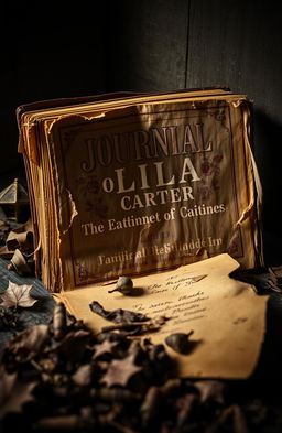 An old, rotting journal from the year 1850, titled 'Journal of Lila Carter'