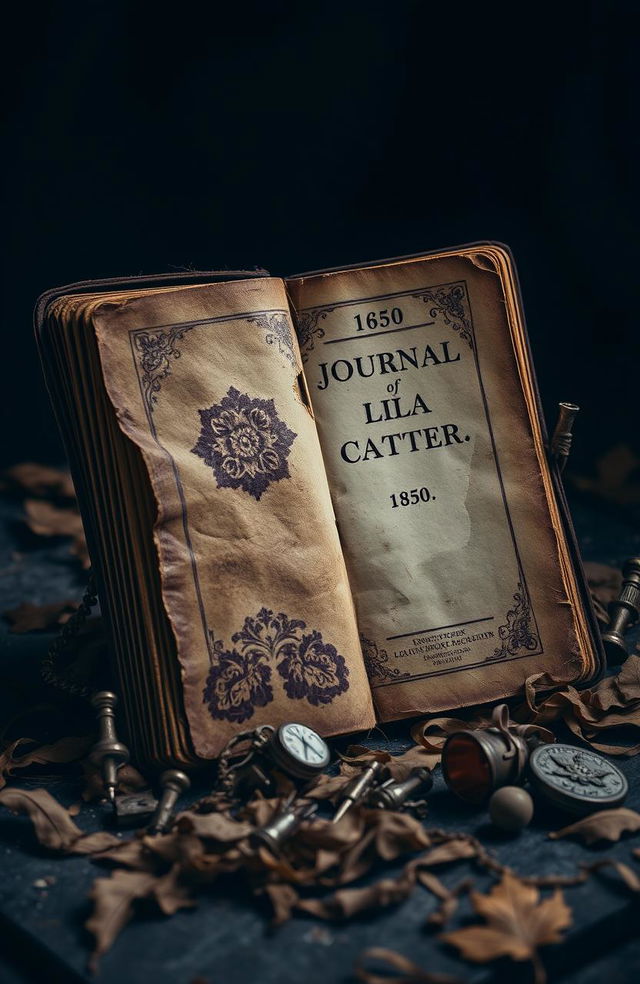 An old, rotting journal from the year 1850, titled 'Journal of Lila Carter'