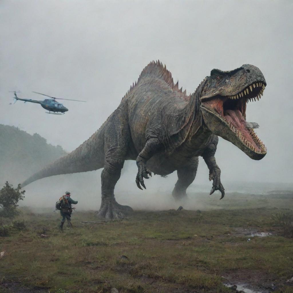 Highlight the sudden arrival of a daunting Spinosaurus dwarfing the shocked Dr. Alan Grant, who has just emerged from the helicopter's wreckage on Isla Sorna. The image embodies the raw danger and unpredictability of this new chapter.