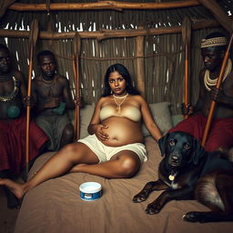 A pregnant Indian lady, dressed in shorts and with a bare chest, is comfortably reclining on a bed inside an African hut