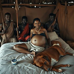 A pregnant Indian lady, dressed in shorts and with a bare chest, is comfortably reclining on a bed inside an African hut