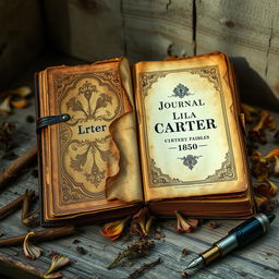 An old, rotting journal from the year 1850, titled 'Journal of Lila Carter'