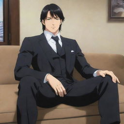 Anime character portrayal of a giant masculine figure with short mullet hair, wearing a black suit, sitting on a couch. The character's significant physique should be a prominent feature.