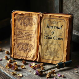 An old, rotting journal from the year 1850, titled 'Journal of Lila Carter'