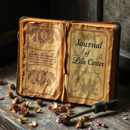 An old, rotting journal from the year 1850, titled 'Journal of Lila Carter'