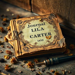 An old, rotting journal from the year 1850, titled 'Journal of Lila Carter'