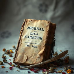 An old, decaying journal from the year 1850, titled 'Journal of Lila Carter'