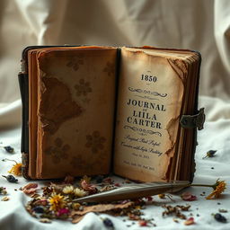 An old, decaying journal from the year 1850, titled 'Journal of Lila Carter'