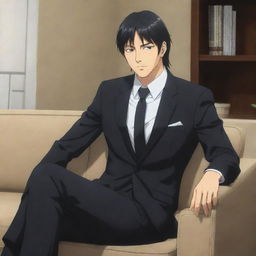 Anime character portrayal of a giant masculine figure with short mullet hair, wearing a black suit, sitting on a couch. The character's significant physique should be a prominent feature.