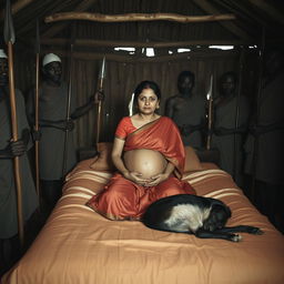 A pregnant Indian woman wearing a saree, sitting on a bed inside an African hut