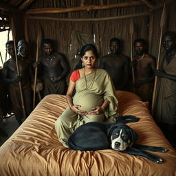 A pregnant Indian woman wearing a saree, sitting on a bed inside an African hut