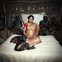 A pregnant Indian woman wearing a saree, sitting on a bed inside an African hut