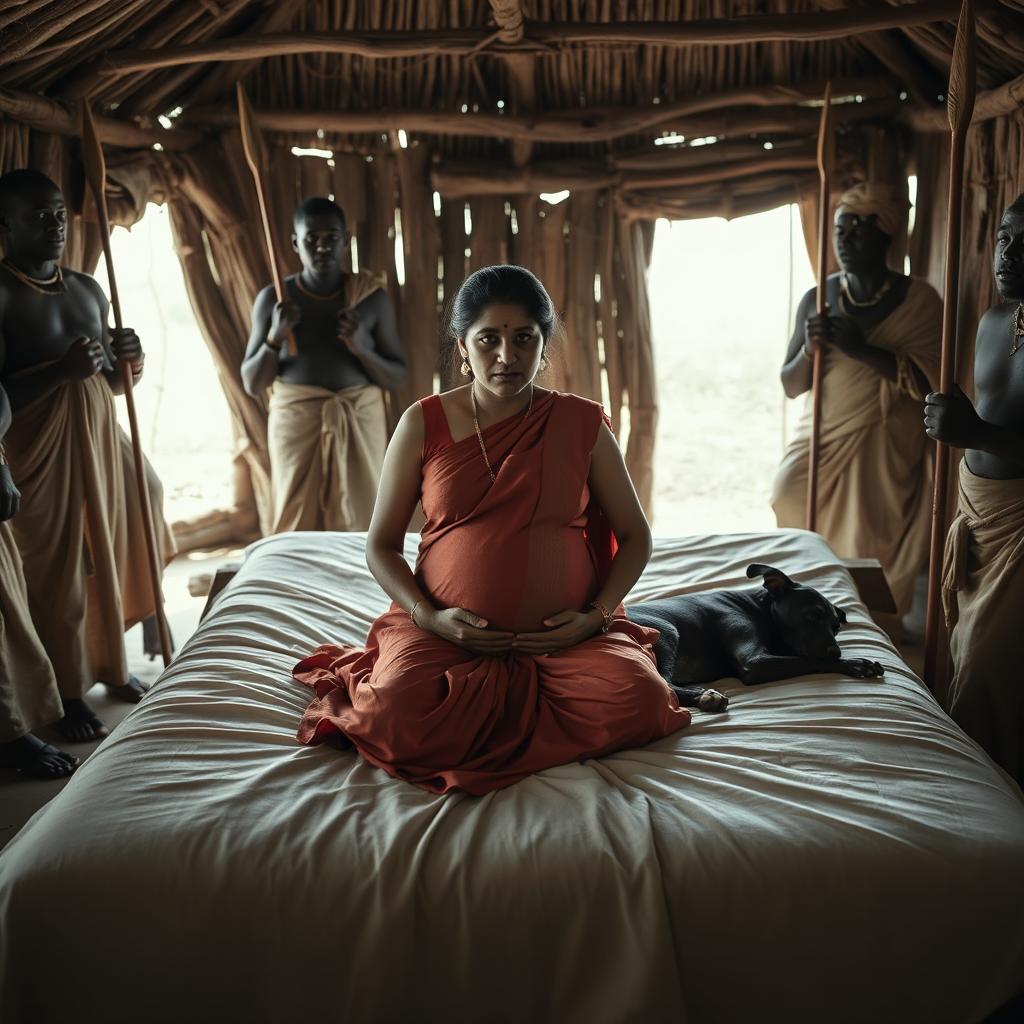 A pregnant Indian woman wearing a saree, sitting on a bed inside an African hut