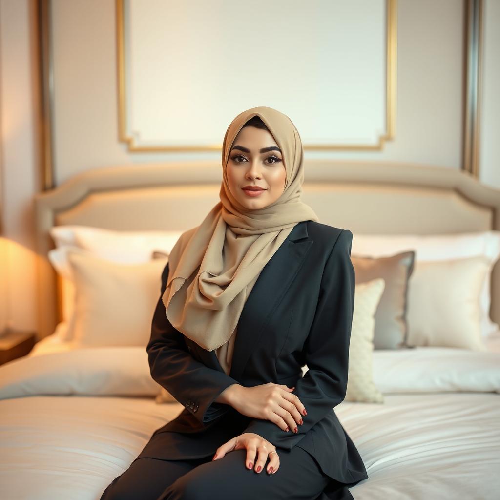 A beautiful hijab-clad woman in a stylish and modest outfit, striking a confident pose on a luxurious bed