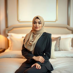 A beautiful hijab-clad woman in a stylish and modest outfit, striking a confident pose on a luxurious bed