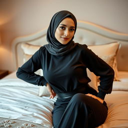 A beautiful hijab-clad woman in a stylish and modest outfit, striking a confident pose on a luxurious bed