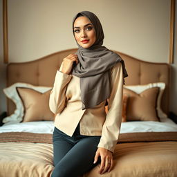 A beautiful hijab-clad woman in a stylish and modest outfit, striking a confident pose on a luxurious bed